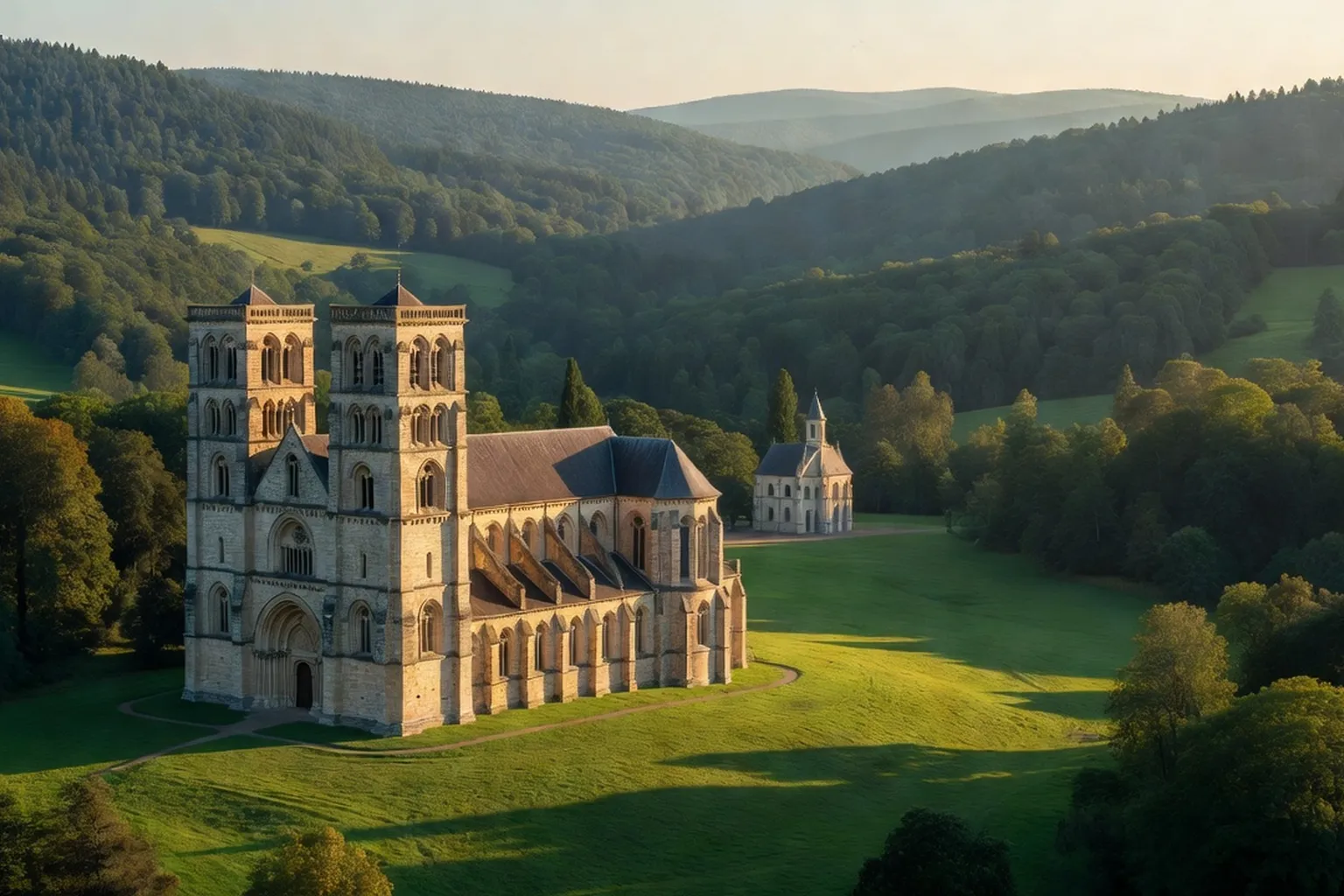 Vestige de l'abbatiale romane de Murbach, deux tours et chevet, en clairière vosgienne
