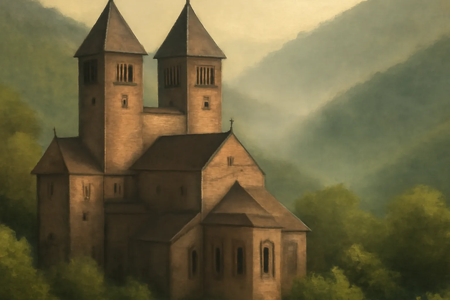 Abbaye de Murbach dans son ecrin de montagnes vosgiennes