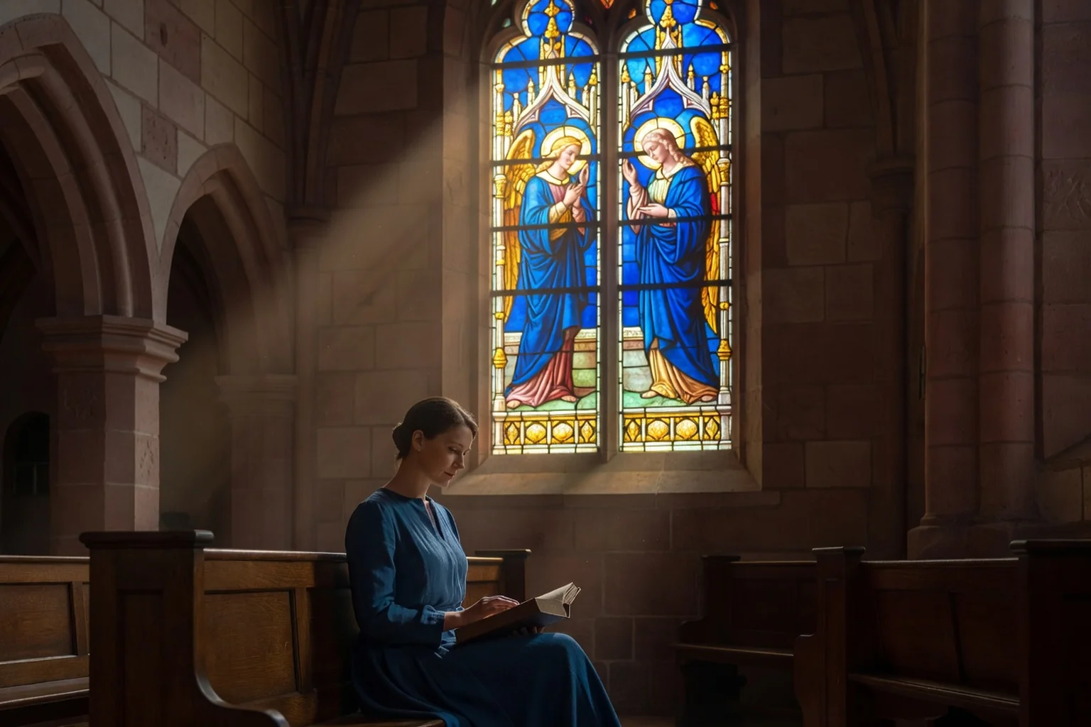 Femme lisant dans une église alsacienne devant un vitrail de l'Annonciation, l'ange Gabriel annonçant à la Vierge Marie