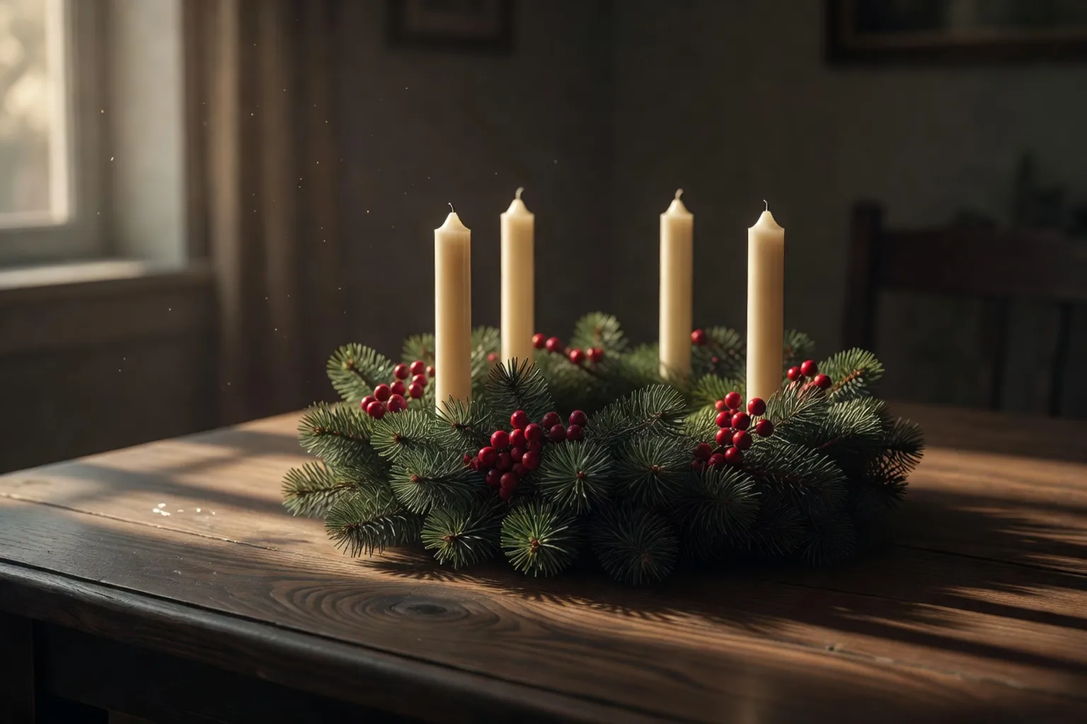 Couronne de l'Avent à quatre bougies, décor alsacien intérieur