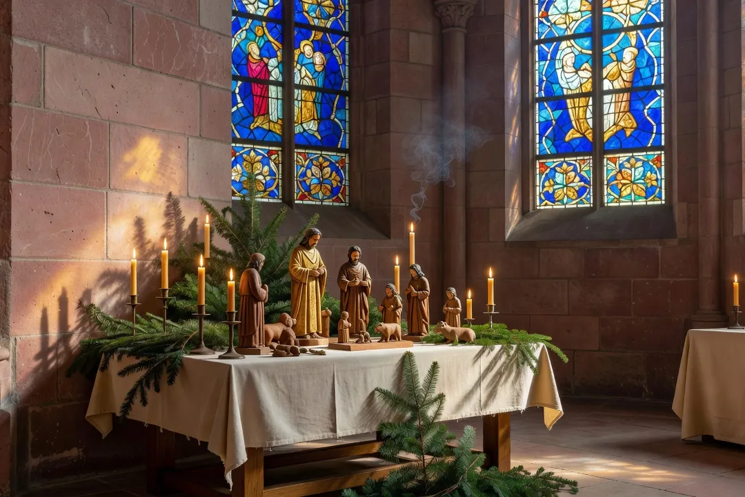 Vitrail représentant l'Épiphanie et l'adoration des Mages dans une église alsacienne