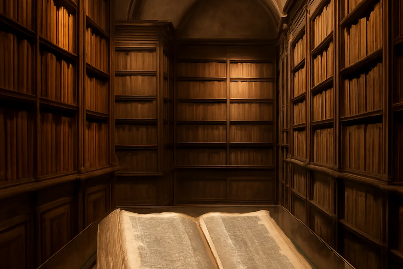 Salle voûtée de la Bibliothèque humaniste de Sélestat, rayonnages historiques