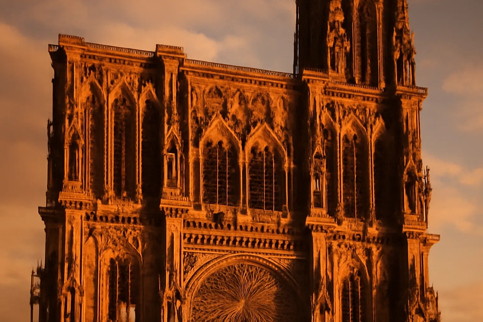 Façade occidentale de la cathédrale Notre-Dame de Strasbourg, grès rose et flèche unique