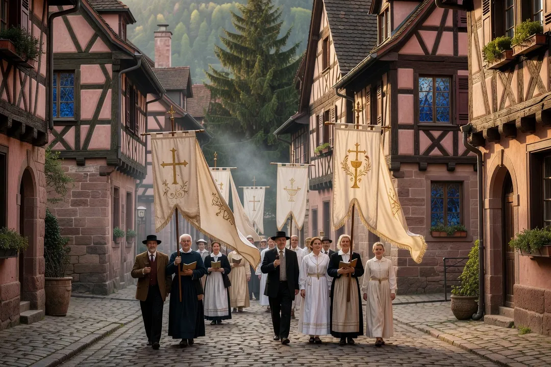 Procession paroissiale traditionnelle dans un village alsacien