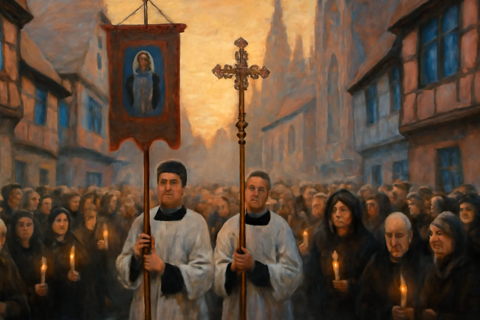 Procession religieuse traditionnelle dans un village alsacien avec bannière et croix processionnelle