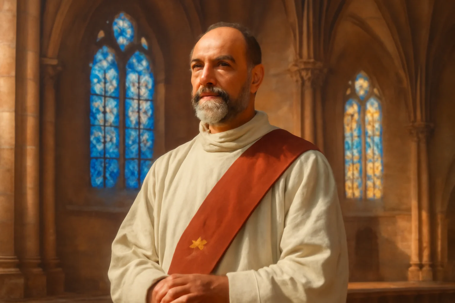 Portrait d'un diacre permanent en aube et étole diaconale dans une église alsacienne