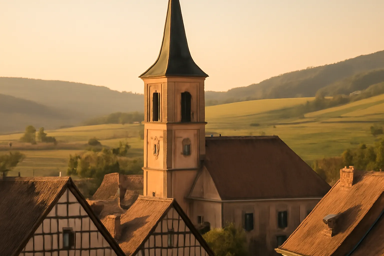 Clocher d'une petite église rurale alsacienne au milieu des champs, lumière du soir
