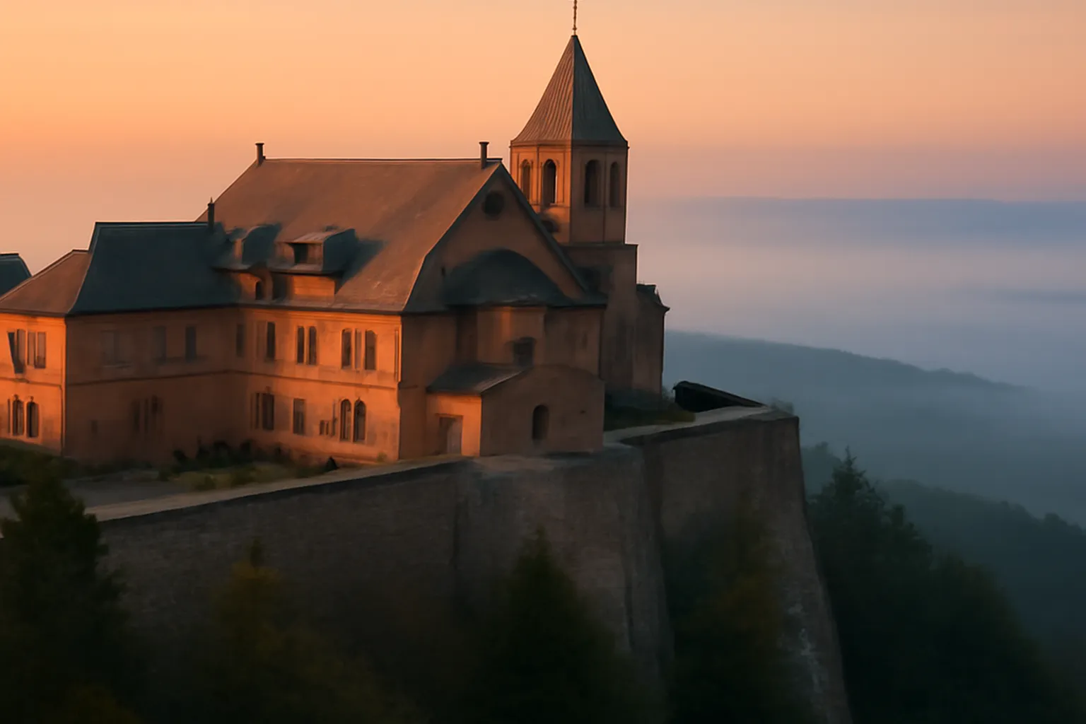 Cloître silencieux du Mont Sainte-Odile au petit matin, brume sur la plaine d'Alsace