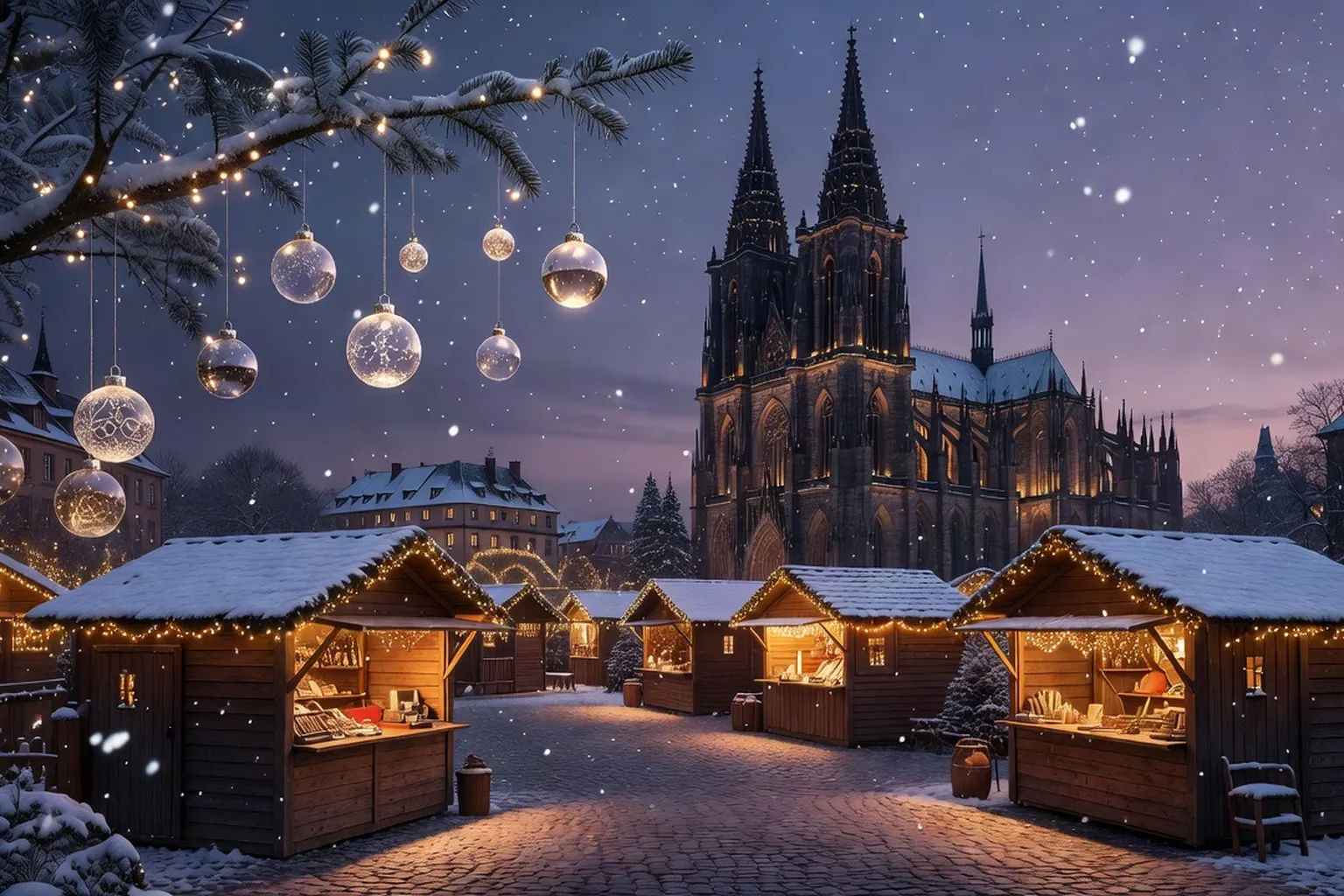 Place Broglie à Strasbourg, marché de Noël illuminé sous la neige