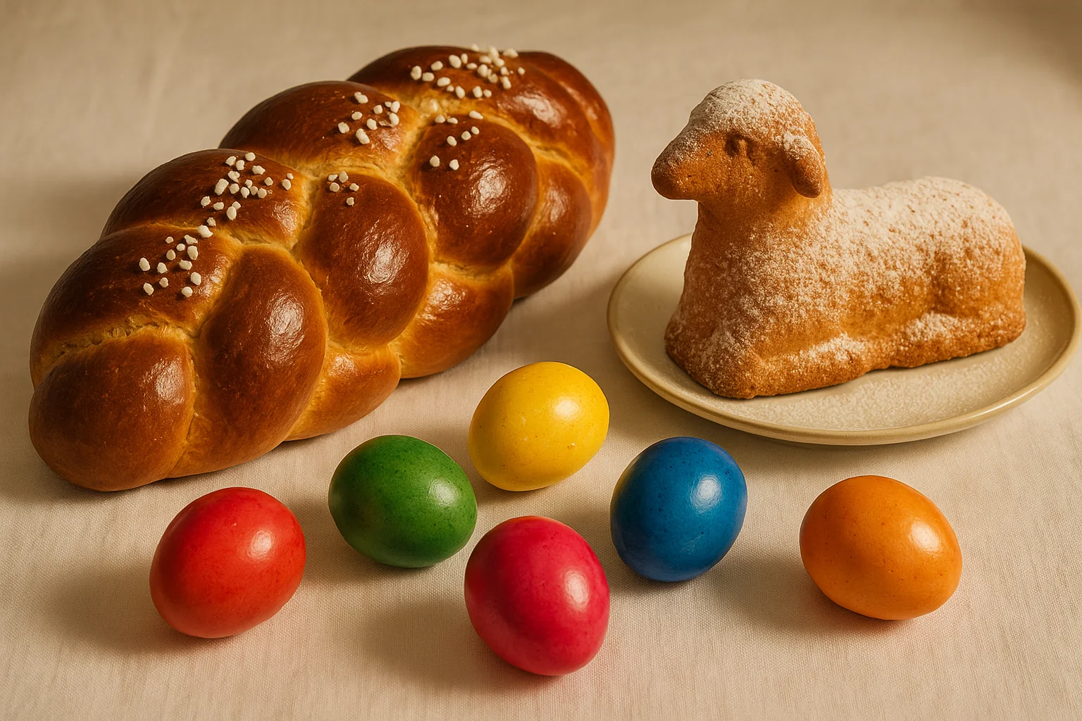 Pain bénit traditionnel alsacien en forme de tresse, œufs colorés et Lammala sur une table de Pâques