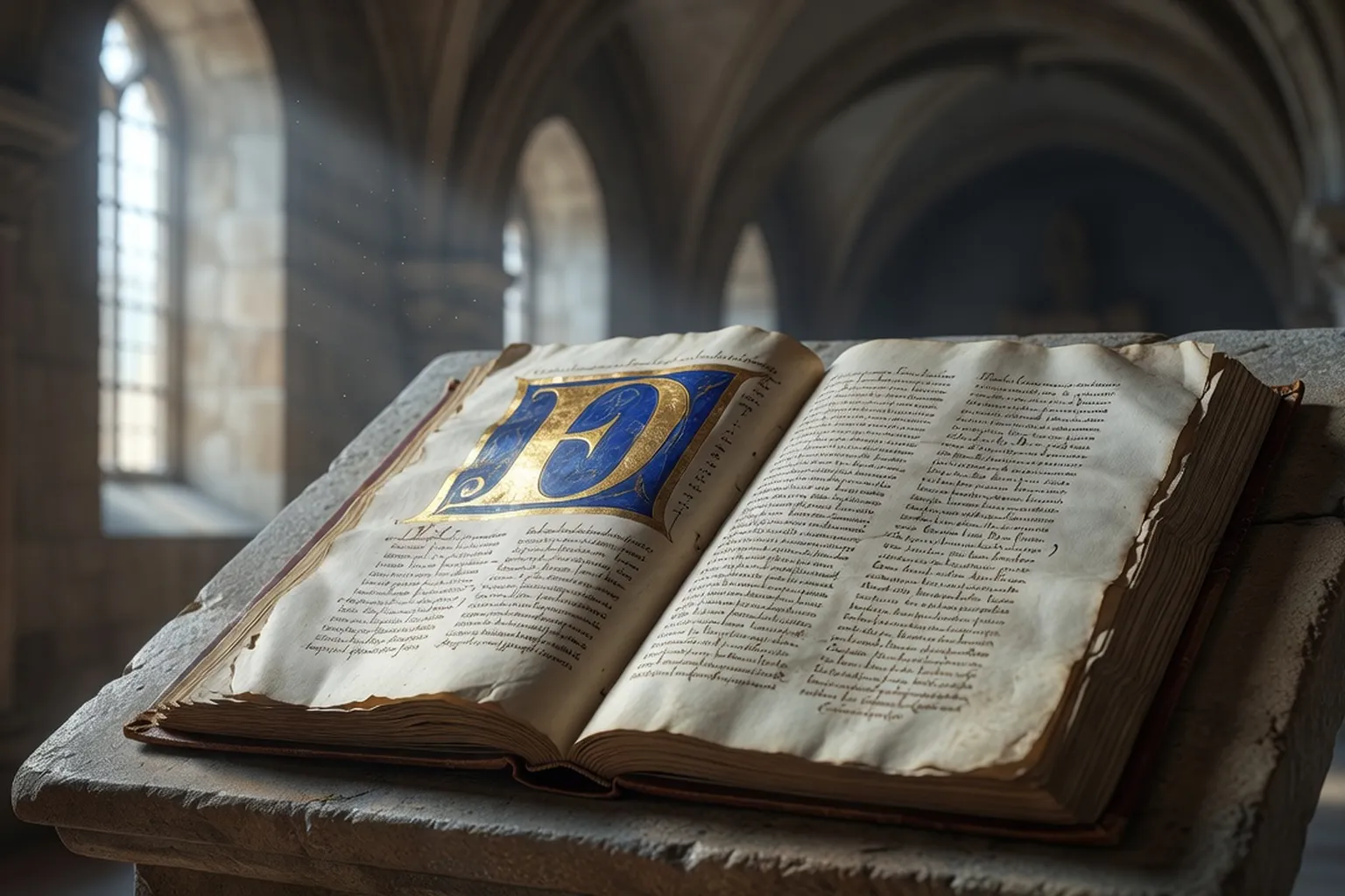 Bibliothèque patristique reliée, plumes et codices anciens dans la pénombre d'un scriptorium