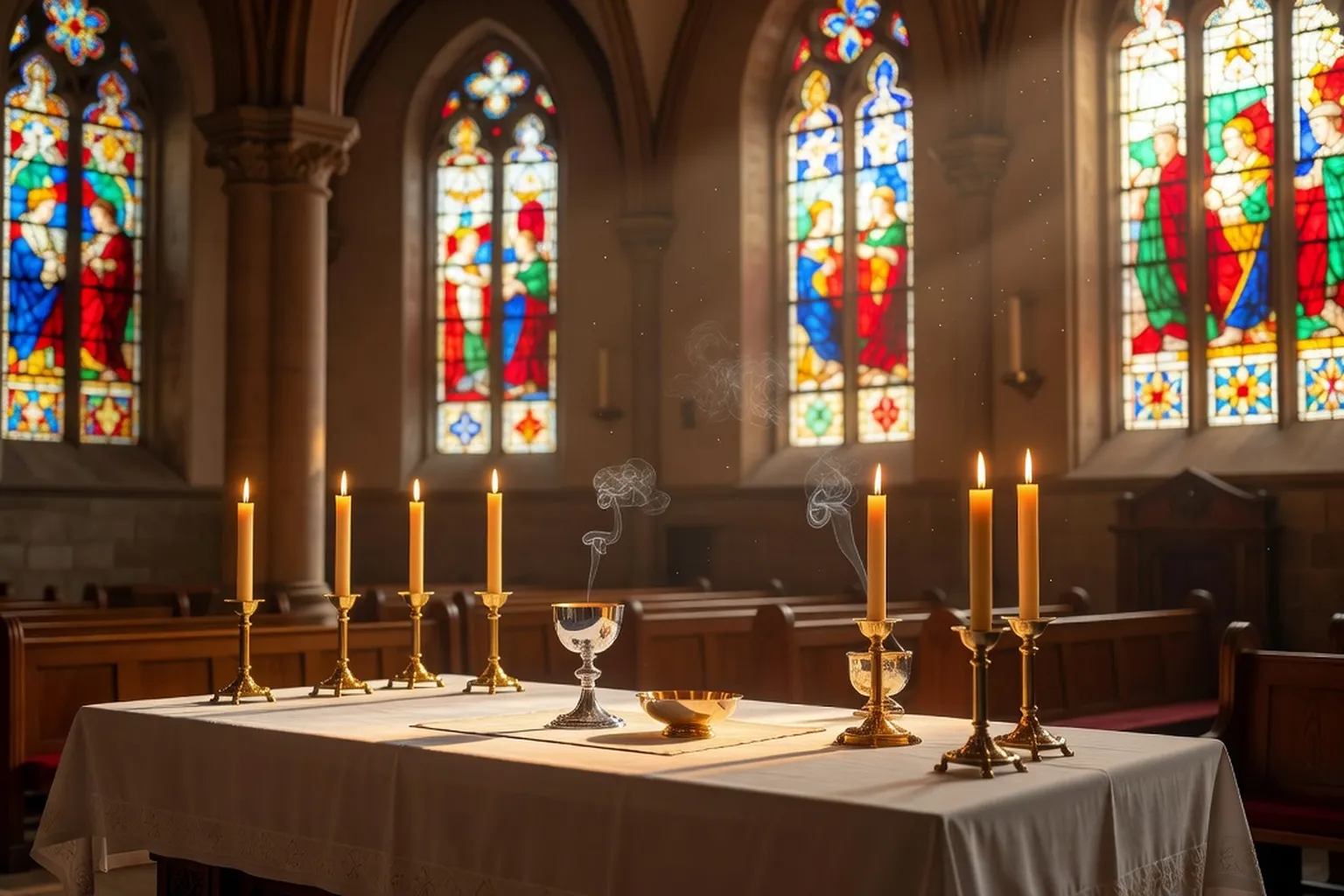 Cierge pascal, huile sainte et calice disposés sur un autel de pierre