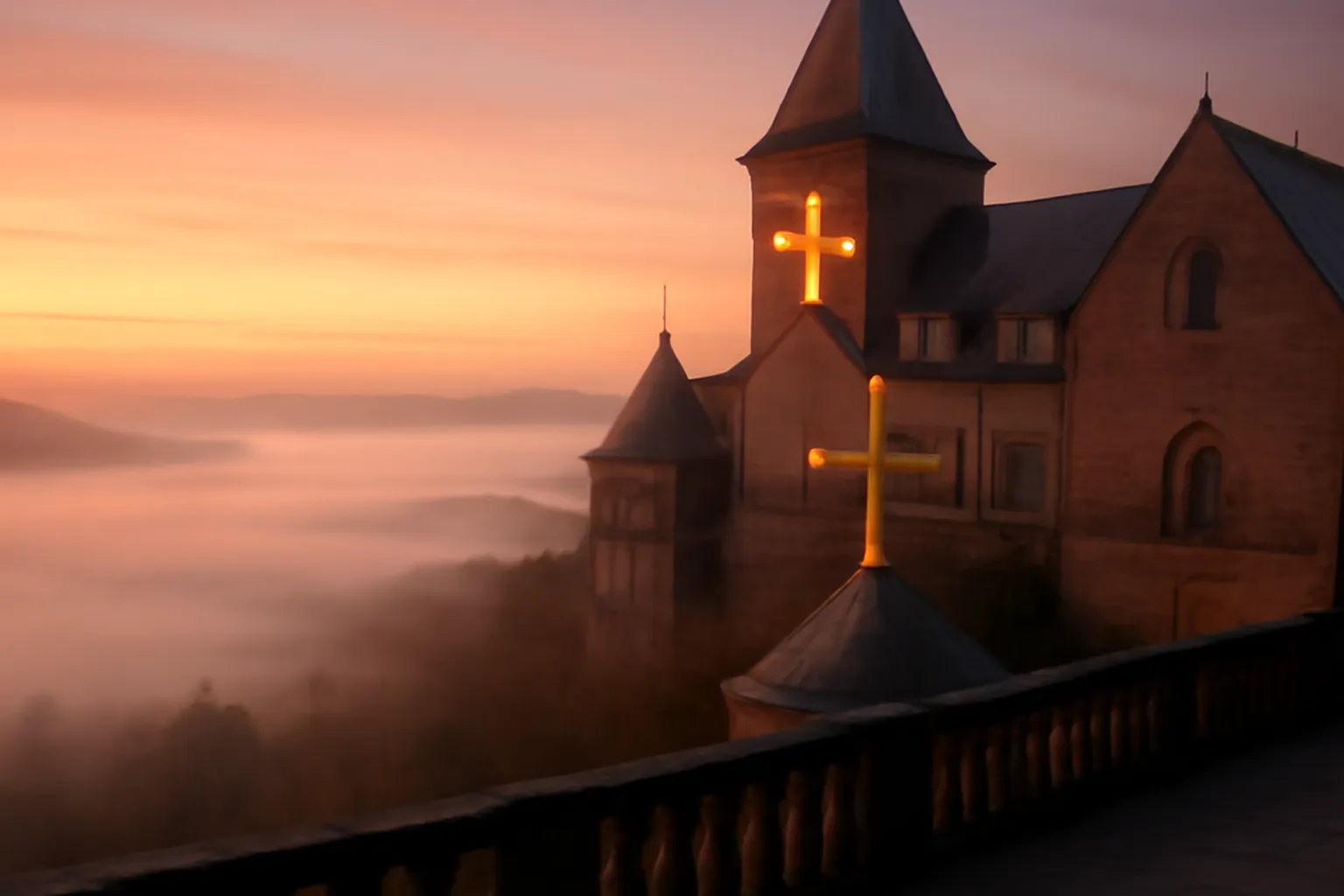 Promontoire du Mont Sainte-Odile au-dessus de la plaine d'Alsace, croix sommitale