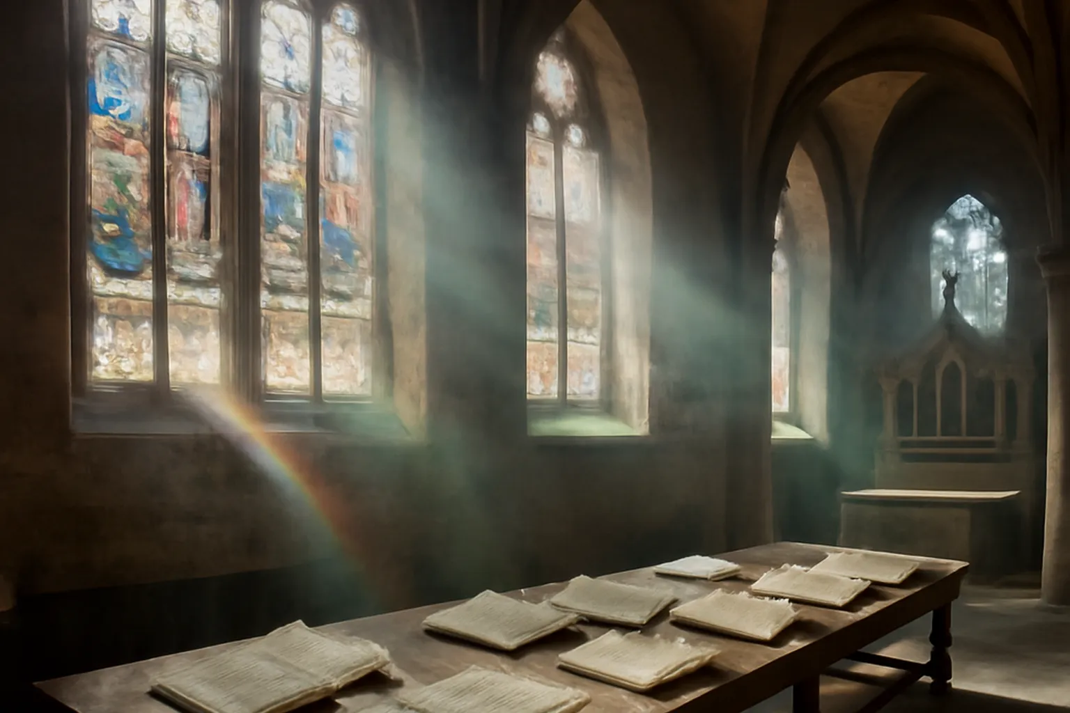 Bibliothèque humaniste de Sélestat, manuscrits ouverts sur un lutrin de bois sombre