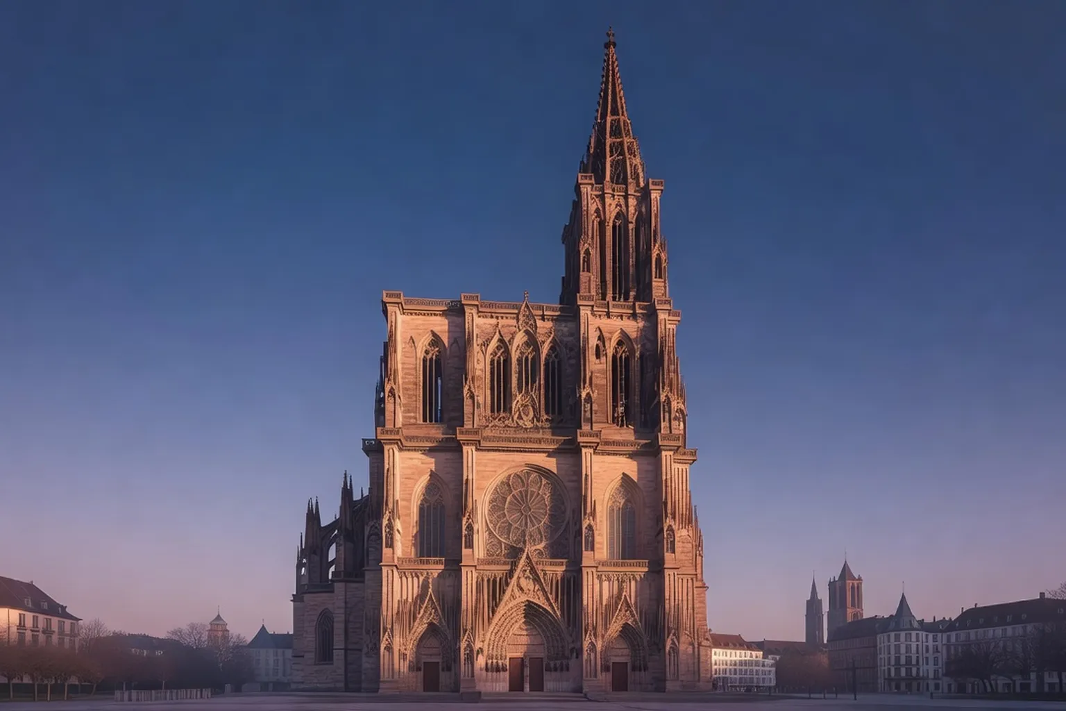 Façade en grès rose de la cathédrale Notre-Dame de Strasbourg au crépuscule