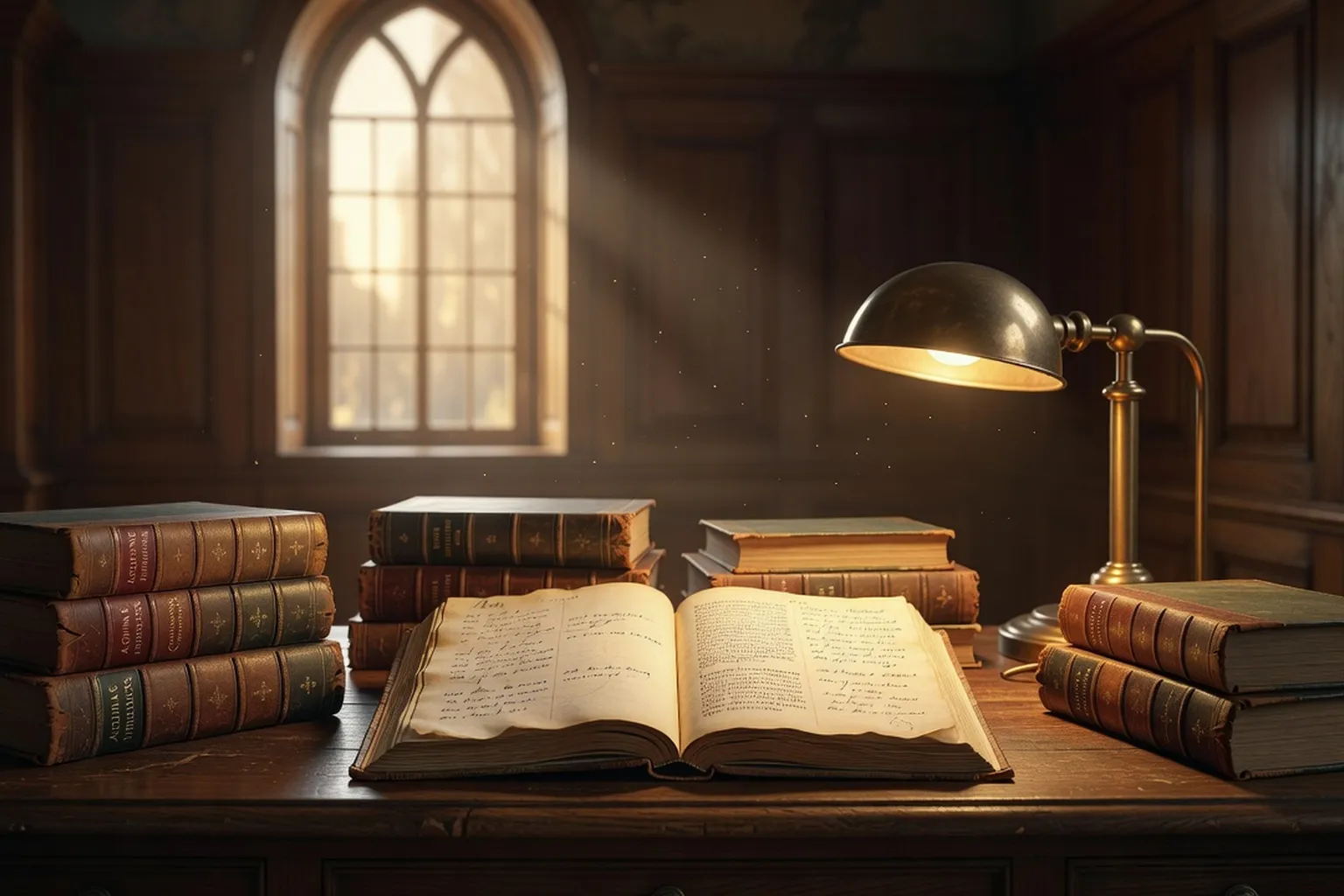 Pile de livres anciens reliés cuir sur un bureau de chêne, lampe allumée