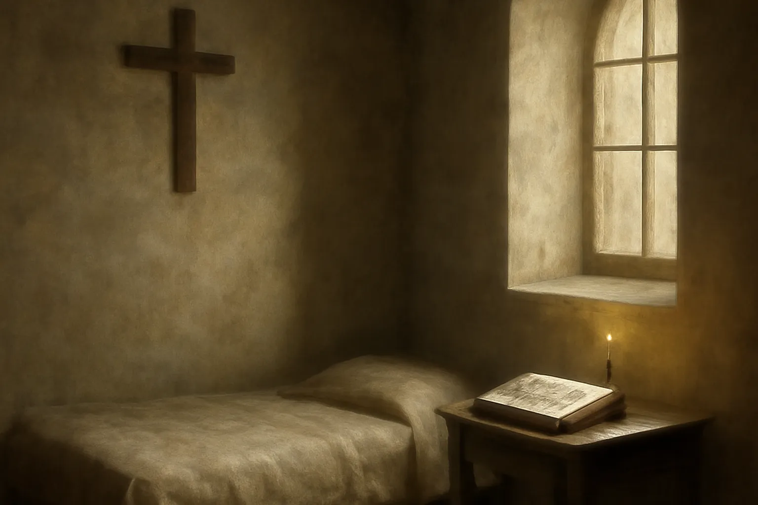 Stalle monastique en bois sombre dans une chapelle, livre d'Heures ouvert